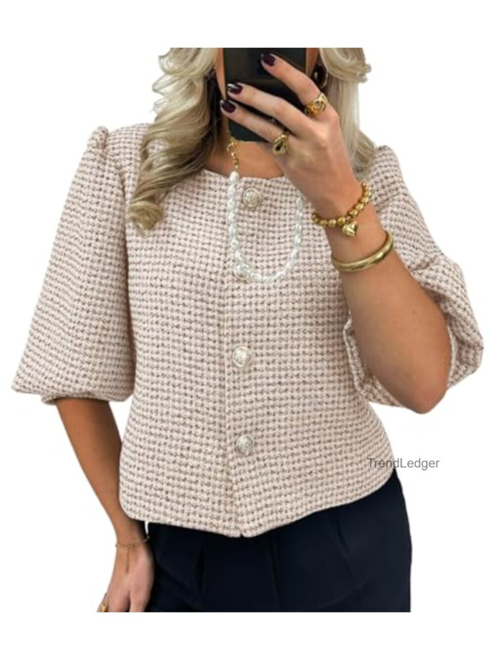 Womens Cropped Tweed Blazer Puff Sleeve Business Suit Jacket